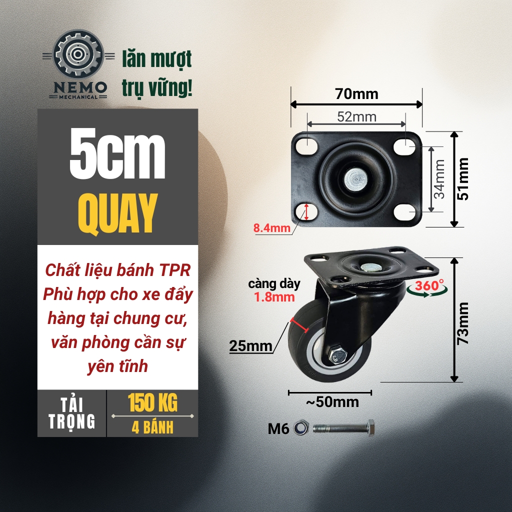 Bánh xe TPR chống ồn, có bạc đạn, tải cao dùng cho xe đẩy di chuyển không gây ồn